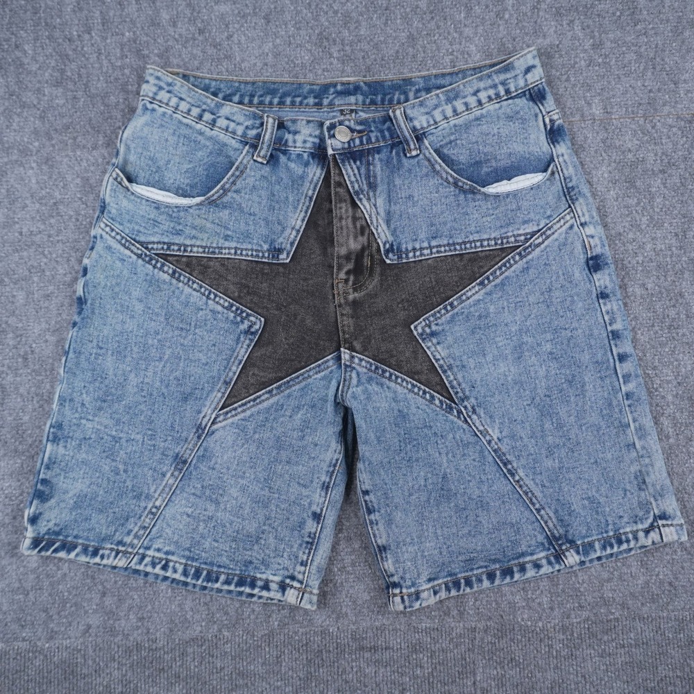 Y2K Star Patch Denim Shorts Mens Size 32 Blue Black Acid Wash Streetwear